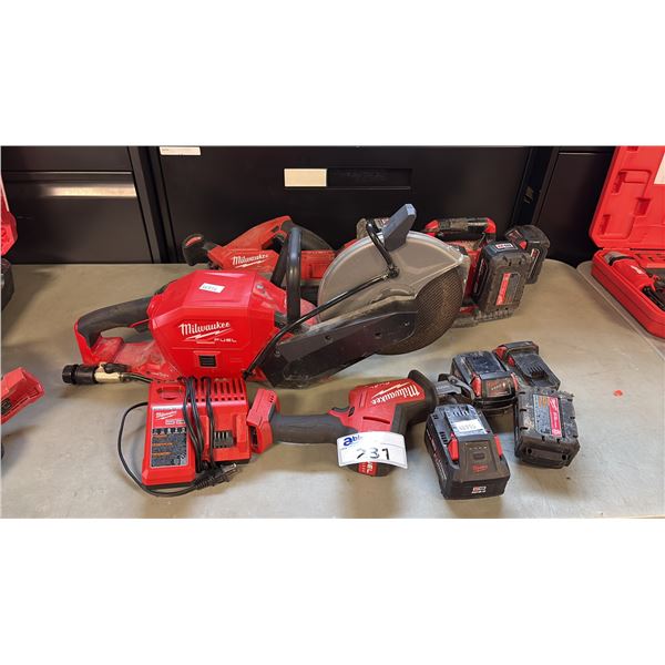 MILWAUKEE CORDLESS POWER TOOLS INCL  MILWAUKEE M18 FUEL 9-INCH CUT-OFF SAW, REPLACEMENT BATTERIES &