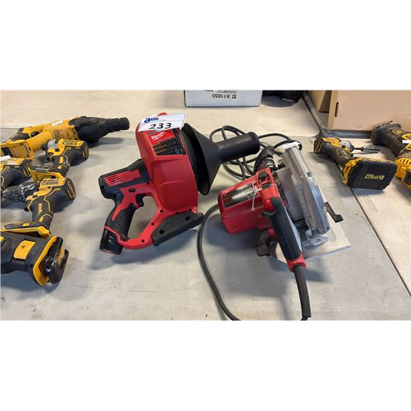 MILWAUKEE 7-1/4 INCH CIRCULAR SAW AND CORDLESS PLUMBING DRAIN SNAKE AUGER
