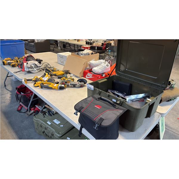 MILITARY SURPLUS HARD SHELL FOOTLOCKER, BACKPACK AND MISC TOOLS