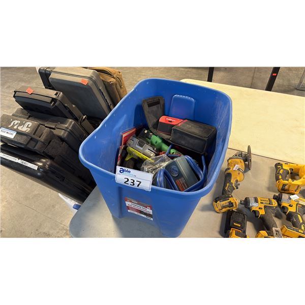 BIN OF HANDTOOLS & POWER TOOLS, INCLUDING AIR PUMP, RYOBI CORDLESS GRINDER, METBO GRINDER & MORE