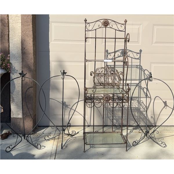 Wrought Iron Shelf, Bird Stand Pair, Basket
