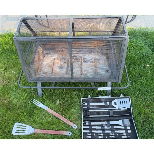 Rectangular Metal Fire Pit With Grill Tool Set