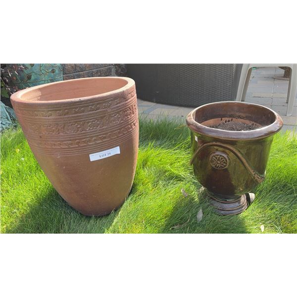 Terracotta and Glazed Ceramic Planters Pair