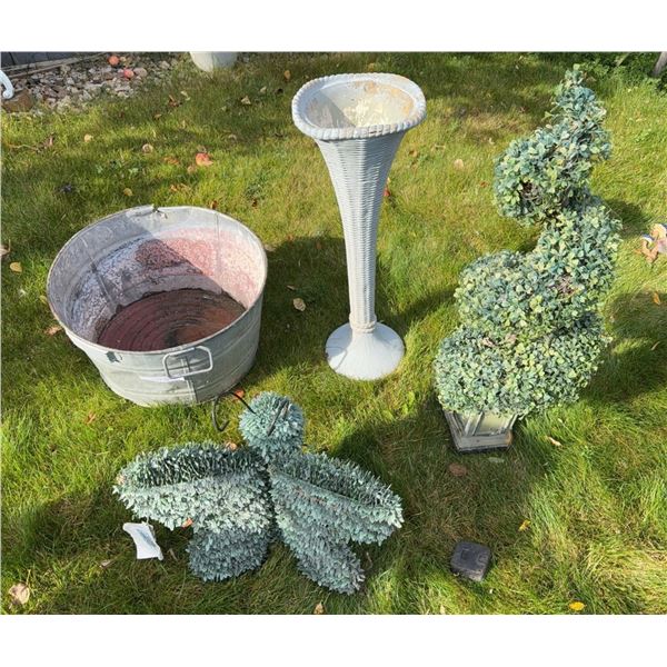 Garden Decor Lot: Tub, Urn, Topiary, Butterfly