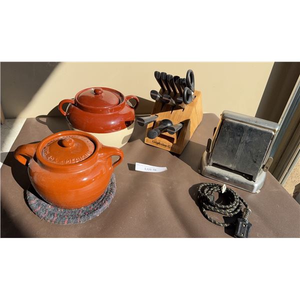 Kitchen Lot: Calphalon Knives, Toaster, Crocks