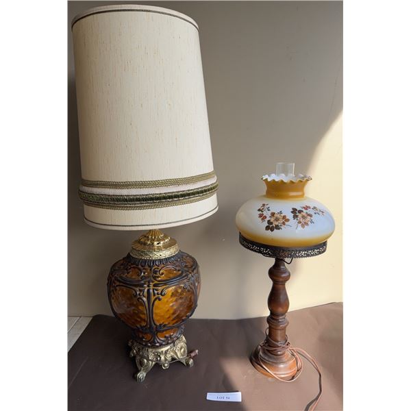 Table Lamps: Amber Glass & Floral Shade