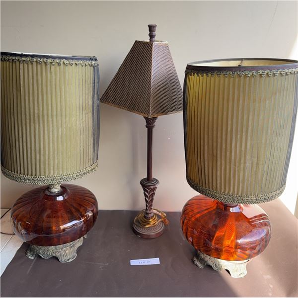 Pair Amber Glass Table Lamps With Metal Bases