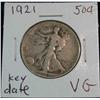 Image 1 : 114. 1921P Walking Liberty Half Dollar. VG. Scarce Date.