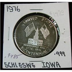 1053. 1899-1974 Schleswig Iowa .999 Fine Silver Proof Medal. Weighs .9485 oz. Serial no. 3. Populati
