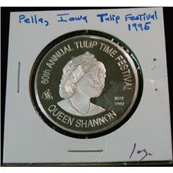 1054. 1995 60th Annual Tulip Time Festival Pella, Ia. 1 oz. .999 Fine Silver. Depicts "Queen Shannon