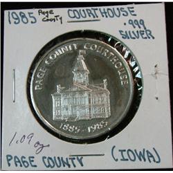 1056. 1885-1985 Page County Courthouse (Ia.) .999 Fine Silver Proof Medal. Weighs 1.09 oz.