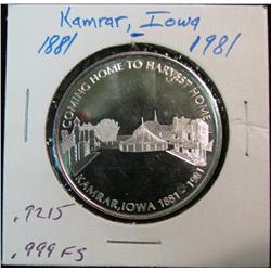 1061. 1881-1981 Kamrar, Ia.  .999 Fine Silver Proof Medal. Weighs .9215 oz. Population: 232 