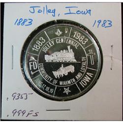 1062. 1883-1983 Jolley, Ia.  .999 Fine Silver Proof Medal. Weighs .9355 oz. Population 129.