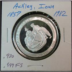 1063. 1857-1982 Ackley, Iowa .999 Fine Silver Proof Medal. Weighs .930 oz. Population: 2,646 