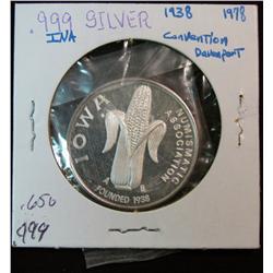 1067. 1938-1978 Iowa Numismatic Association .999 Fine Silver Proof Medal. Weighs .650 oz.