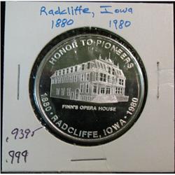 1070. 1880-1980 Radcliffe, Iowa Proof Medal. .999 Fine Silver. Weighs .9395 oz. Population: 829 