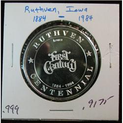 1071. 1884-1984 Ruthven, Iowa Proof Medal. .999 Fine Silver. Weighs .9175 oz. Population: 749 