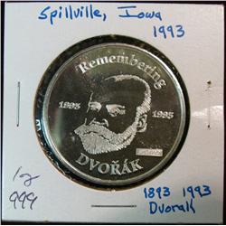 1075. 1893-1993 Spillville, Ia. One Ounce Proof .999  Fine Silver. Population: 0 today.