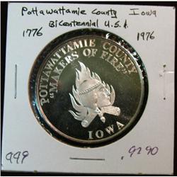 1083. 1776-1976 Pottawattamie Co., Ia. "Bicentennial U.S.A." Proof .999 Fine Silver Medal. Weighs .9
