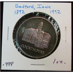 1085. 1892-1992 Bedford, Ia. Centennial Medal .999 F.S. Weighs 1 oz. Population: 2,483 