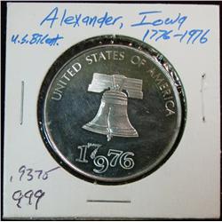 1087. 1776-1976 Alexander, Ia. U.S. Bicentennial Medal. .9375 oz. .999 Fine Silver. Population: 304 