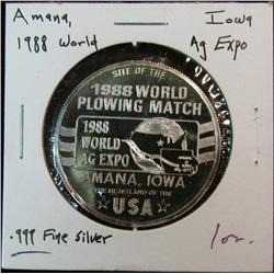 1088. 1988 Amana, Ia. World Ag Expo. Proof Medal. One Ounce .999 Fine Silver.