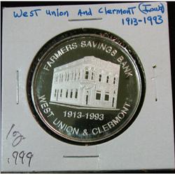 1090. 1913-1993 West Union & Clermont (Ia.) Proof One Ounce .999 Fine Silver Medal.
