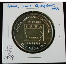 1091. 1869-1994 Avoca, Ia. Quasquicentennial One Ounce .999 Fine Silver Proof Medal. Population: 1,3