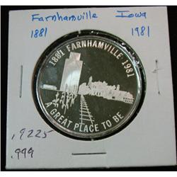 1092. 1881-1981 Farnhamville, Ia. Centennial Proof Medal. .999 Fine Silver. .9225 oz. Population 245