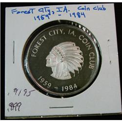 1093. 1959-1984 Forest City, Ia. Coin Club 25th Year Proof .999 Fine Silver Medal. Weighs .9125 oz.