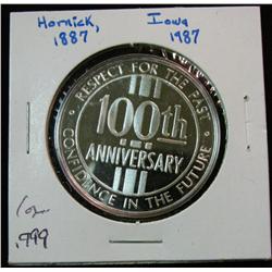 1096. 1887-1987 Hornick, Ia. Proof Centennial Medal. .999 Fine Silver 1 oz.