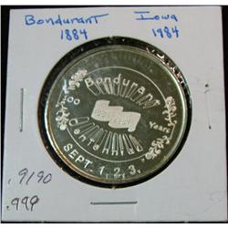 1098. 1884-1984 Bondurant, Ia. Proof Centennial Medal. .999 Fine Silver. Weighs .9190 oz.