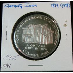 1099. 1874-1974 Clermont, Ia. Proof Centennial Medal. .999 Fine Silver. Weighs .9405 oz.