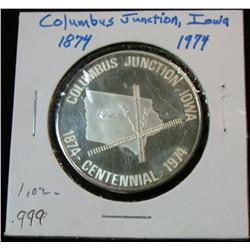1103. 1874-1974 Columbus Junction, Ia. Proof Centennial Medal. .999 Fine Silver One Ounce.