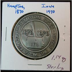 1107. 1870-1970 Hampton, Ia. Proof Centennial Medal. .925 Fine Silver. Weighs 1.14 oz. Rare serial n