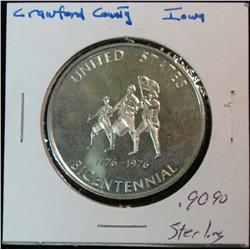 1109. 1776-1976 U.S. Bicentennial Crawford County, Denison, Iowa Proof Sterling Silver Medal. Weighs