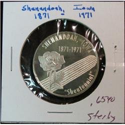 1110. 1871-1971 Shenandoah, Ia. Centennial Proof Sterling Silver Medal. Weighs .6540 oz.