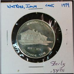 1113. 1874-1974 Watkins, Ia, Centennial Proof Sterling Silver Medal. Weighs .5400 oz. Population: 29