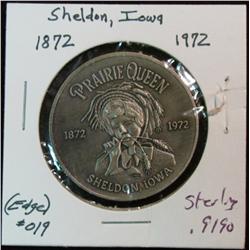 1114. 1872-1972 Sheldon, Ia.  Centennial Sterling Silver Medal. Weighs .9190 oz.