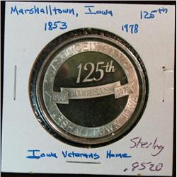 1117. 1853-1978 Marshalltown, Ia. "Iowa Veterans Home" Sterling Silver Medal. Weighs .9520 oz.