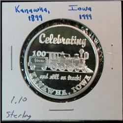 1119. 1899-1999 Kanawha, Ia. Centennial Sterling Silver Medal. Weighs 1.10 oz. Population: 906 
