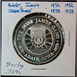 1120. 1873-1973 Adair, Ia. "The Jesse James Gang" Sterling Silver Medal. Weighs .7290 oz.