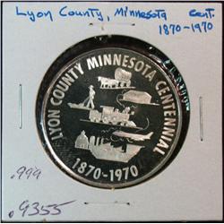 1121. 1870-1970 Marshall, Minn. Proof Centennial Medal. .999 Fine Silver. Weighs .9355 oz. 