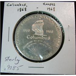 1147. 1868-1968 Columbus, Kansas Sterling Silver Centennial Medal. Weighs .9385 oz.