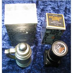 1458. Avon After Shave Lotion 8 oz. Stein in original box. Empty; & Avon Pot-Belly Stove Bravo After