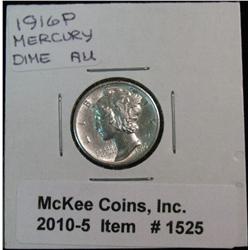 1525. 1916 P Mercury Dime. AU 50.