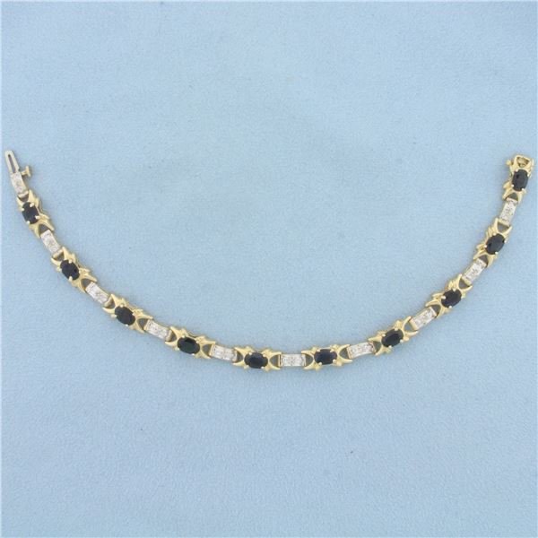Natural Sapphire and Diamond Tennis Bracelet in 14K Yellow Gold