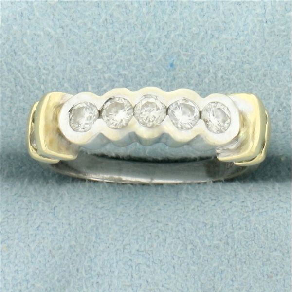 5 Stone Bezel Set Diamond Wedding or Anniversary Ring in 14K Yellow and White Gold