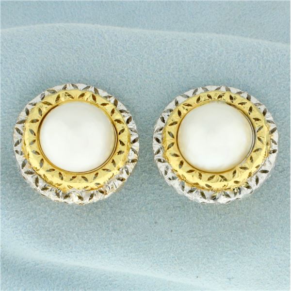 Vintage Mabe Pearl Clip on Statement Earrings in 18K Yellow and White Gold