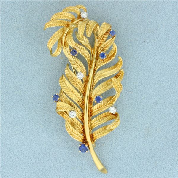Vintage Sapphire and Diamond Feather Brooch in 18K Yellow Gold